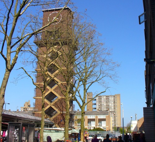 Clock Tower in Lansbury's Estate with Goldfinger's Balfron Tower in the background, 2011