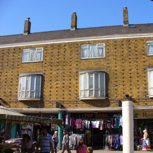 Low-rise flats overlooking market place in Lansbury Estate, 2011
