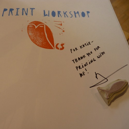 My copy of Print Workshop signed by Christine Schmidt and the little fish stamp she made me!